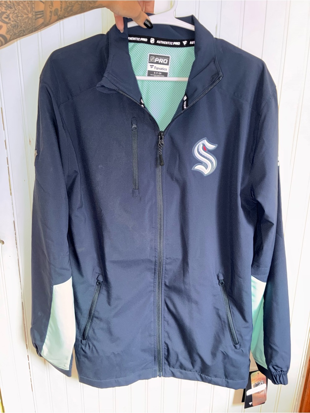 Fanatics Navy Windbreaker with Teal Accents - Seattle S Logo